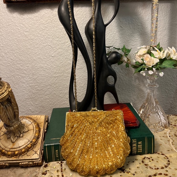 Vintage Gold Beaded HandMade in China Purse Evening Bag Metal Gold Tone Strap - Picture 2 of 9